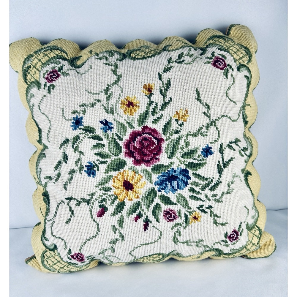 Needlepoint Pillow - Floral Design, Velvet Back, Cottagecore Flowers Grannycore